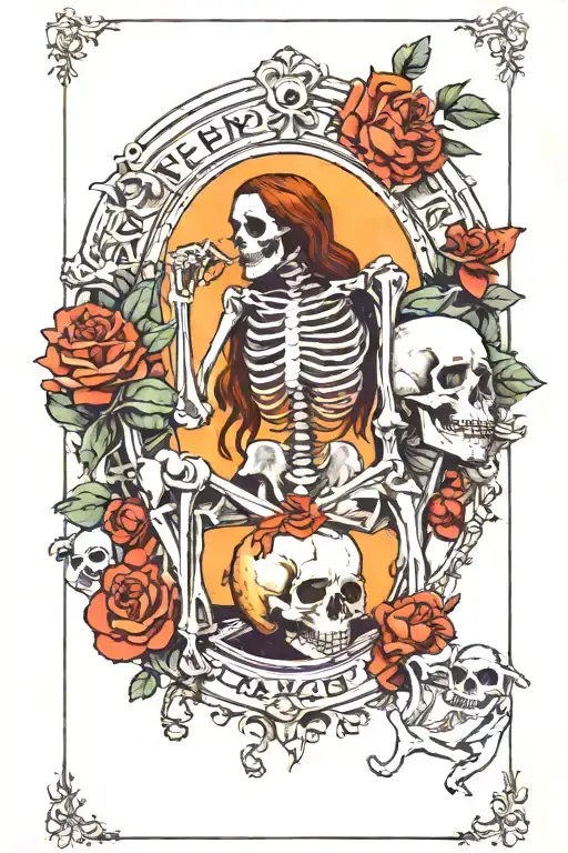 the world tarot card but with death skeleton instead o the women, use Chilean typical animals for the cornerts tattoo design idea