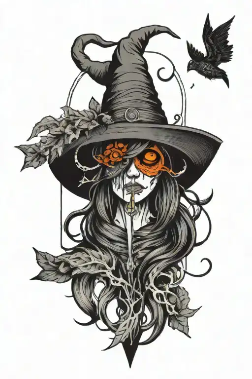 witchcraft, black lines, simple, no faces  tattoo design idea