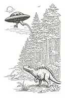 small dinosaur on a trail winding through a forest with a small  ufo in background tattoo design idea