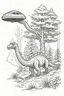 small dinosaur on a trail winding through a forest with a small  ufo in background tattoo design idea
