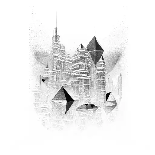 A futuristic cityscape with hidden pathways to explore tattoo design idea