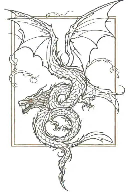 flying dragon with open wings. black and white in chinese and tribal style tattoo design idea