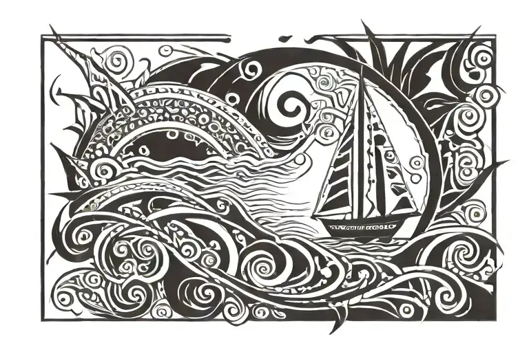 sailboat wind sea, word "Odyssey" tattoo design idea