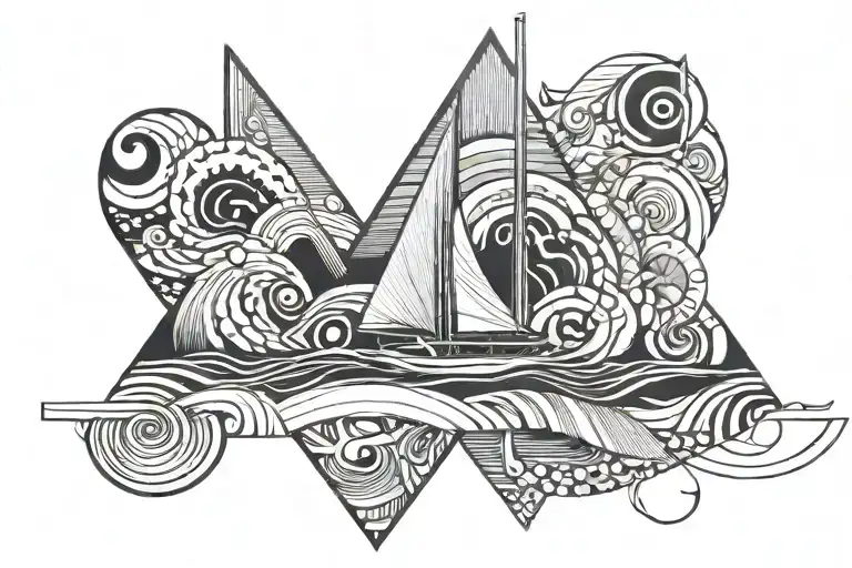 concept design, using a sailboat, wave, and the word "Odyssey" tattoo design idea