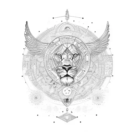 space chart with lion, wings, rose and geometric elements tattoo design idea
