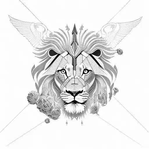big space chart with lion inside, wings, rose and geometric elements tattoo design idea