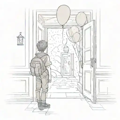 young boy holding a balloon facing backwards in a open doorway which lead to a fantasy land  tattoo design idea