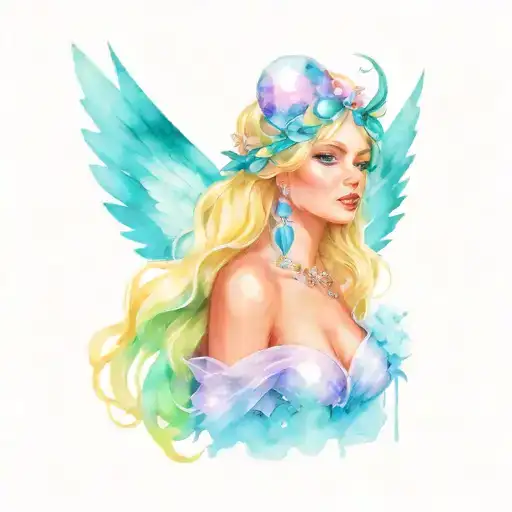 goddess freya blonde hair and pink wings and disco balls. tattoo design idea
