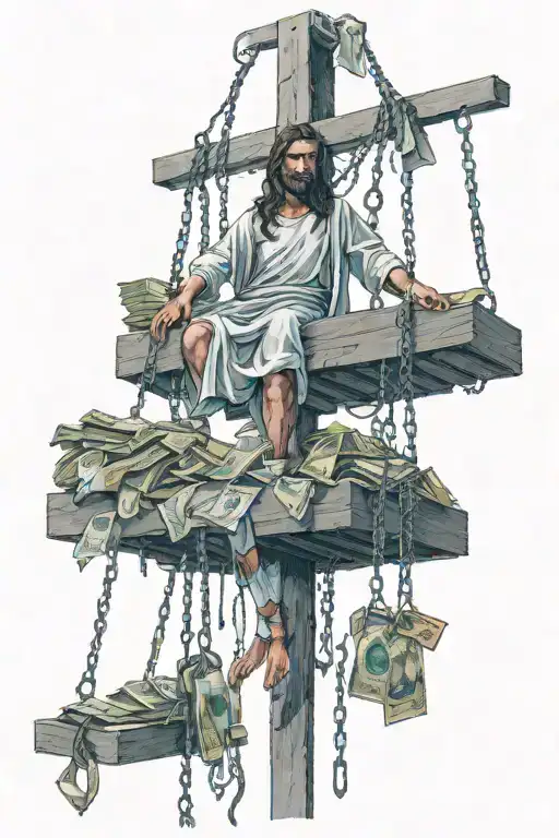 Jesus hangs herself on the gallows and has a pile of dollars under her feet tattoo design idea