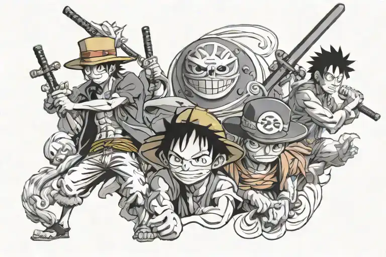 one piece luffy hat plus Naruto kurama plus Zoro sword plus goku kamehameha plus tattoo design idea