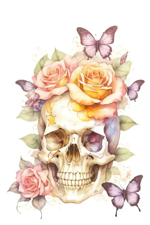 skull rose and butterfly made tattoo design idea