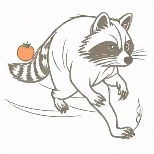 racoon running from someone off screen, looking behind, holding single tomato in hand, smirking tattoo design idea