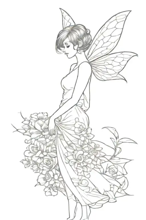 tattoo of a fairy with short hair, a long skirt with a slit, butterflyish wings, flower accessories and pointy ears tattoo design idea