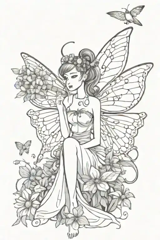  fairy with 5 buns in hair, tube top, long skirt with a slit, hummingbird wings, a flower in her hair and pointy ears tattoo design idea