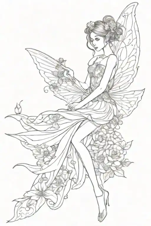  a fairy with short swooped hair, a long skirt with a slit, butterflyish wings, flower in her hair and pointy ears tattoo design idea