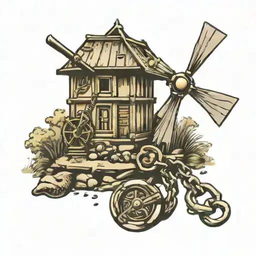 lock chain windmill camping gold panning snapping turtle  tattoo design idea