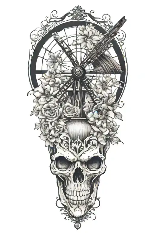 rooster , goat skull , windmill , sexy flowers tattoo design idea
