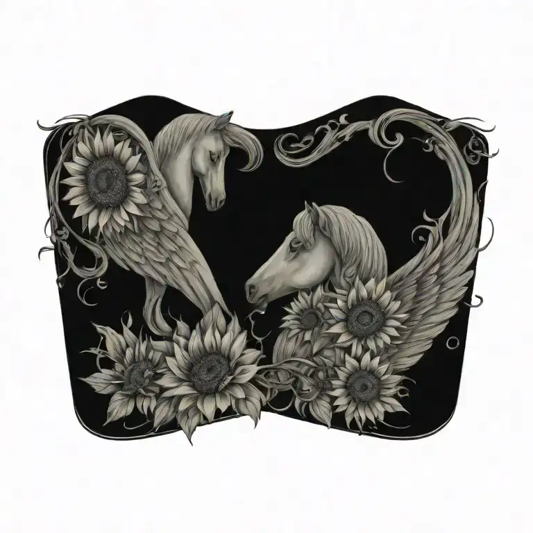 angel wings with horse shoe and sunflowers  tattoo design idea