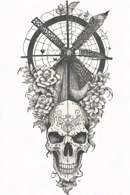 rooster , goat skull , windmill , sexy flowers tattoo design idea