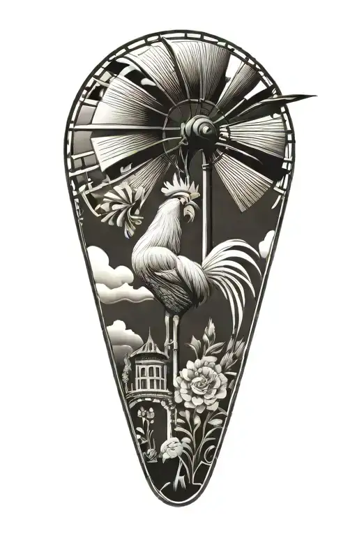 rooster , windmill , goat skull soft shading tattoo design idea