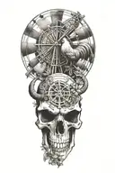 rooster , windmill , goat skull soft shading tattoo design idea