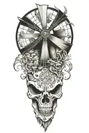 rooster , windmill , goat skull soft shading tattoo design idea
