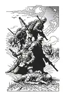 Battlefield scene with fallen soldiers paying respect tattoo design idea