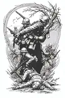 Battlefield scene with fallen soldiers paying respect tattoo design idea