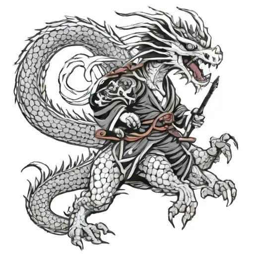 Alien riding a dragon and holding a samurai sword tattoo design idea