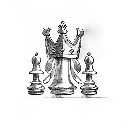 wooden pawn chess piece wearing real crown, tattoo design idea