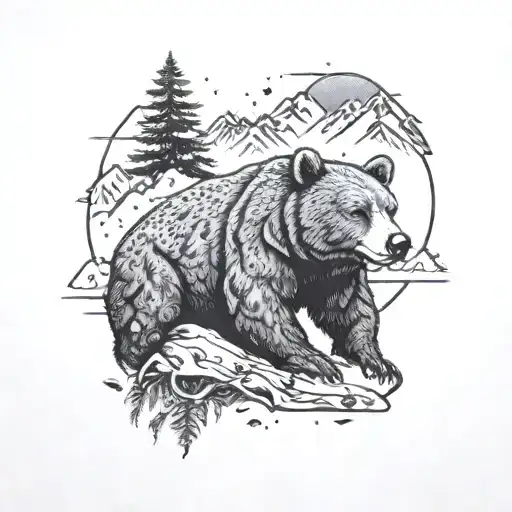 A dotwork tattoo of a sleeping bear nestled in the mountains for a client who enjoys sleeping and nature tattoo design idea