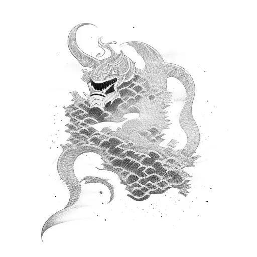 blackout, negative space, katana, Japanese, waves, arm sleeve  tattoo design idea