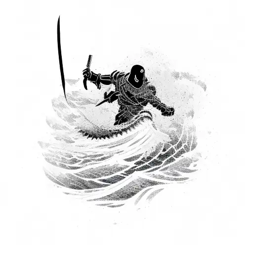 blackout, negative space, katana, Japanese, waves, arm sleeve  tattoo design idea