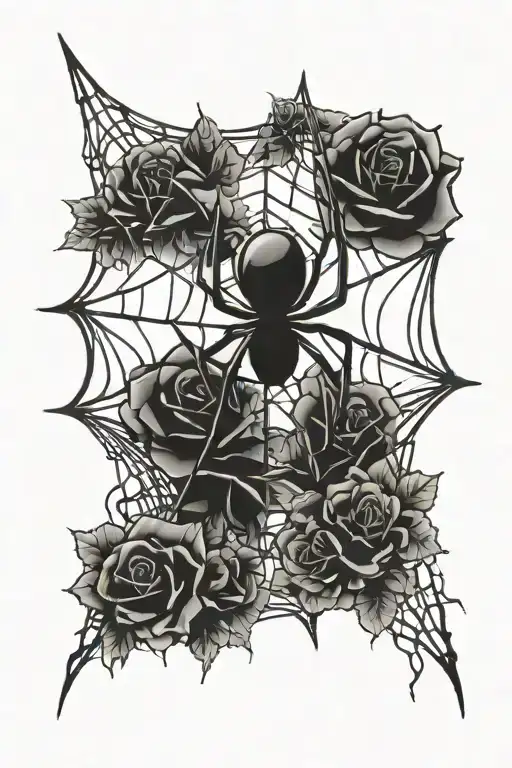 sketch of a spider web tattoo, along the edges of the spider web there are roses tattoo design idea