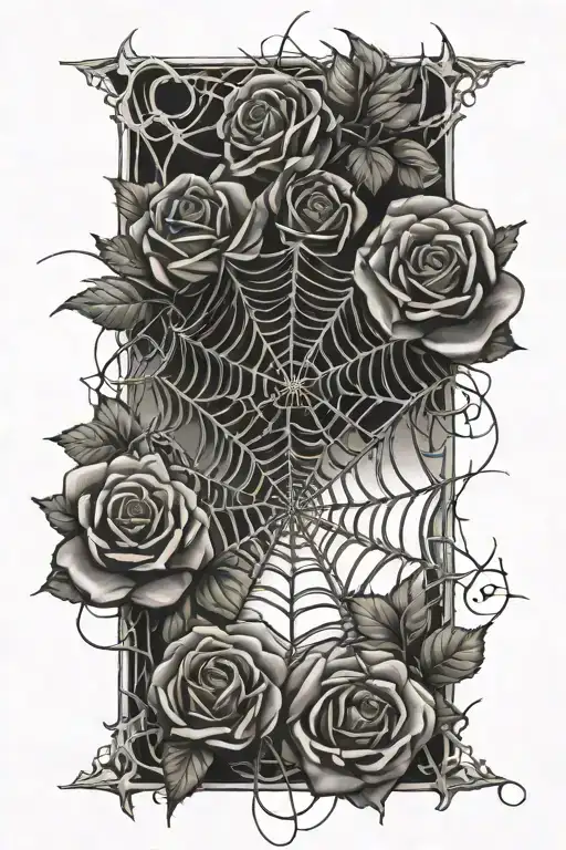 sketch of a spider web tattoo, along the edges of the web there are roses with thorns tattoo design idea