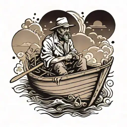 stipple shading of man in a boat tattoo design idea