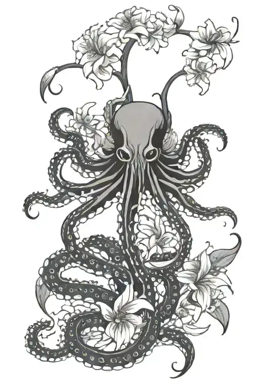 octopus and spider lily flowers tattoo design idea