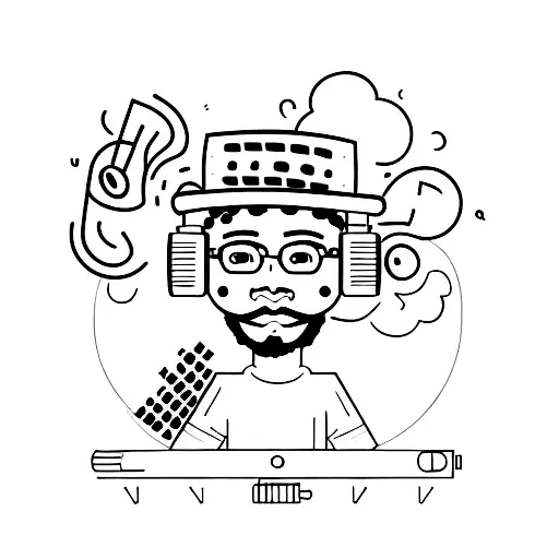 A minimalist design of a person with brown skin and an Afro, smoking a joint while listening to music tattoo design idea