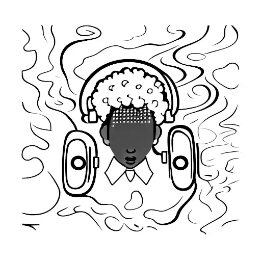 A silhouette of a person with brown skin and an Afro, smoking a joint while listening to music tattoo design idea