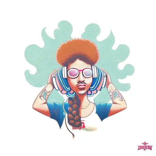 a brown girl with a Afro wearing headphones while lighting a joint that says 'I don't cry when I'm high' tattoo design idea