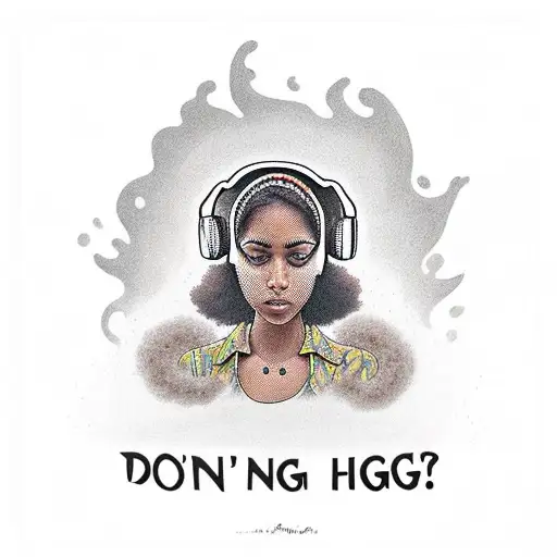 a brown girl with a Afro wearing headphones while lighting a joint that says 'I don't cry when I'm high' tattoo design idea