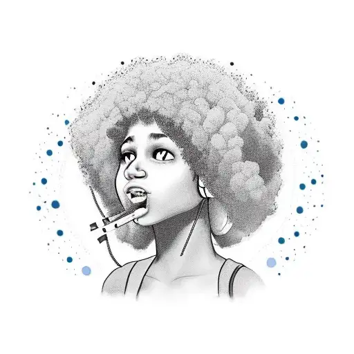 a mixed girl with a Afro wearing headphones while lighting a joint that says 'I don't cry when I'm high' tattoo design idea
