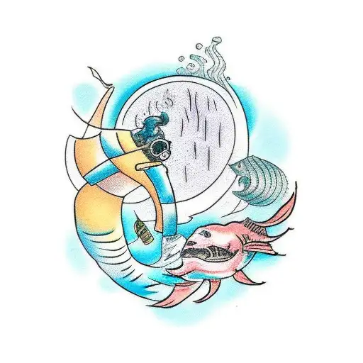mermId and a scuba diver meet under the sea tattoo design idea