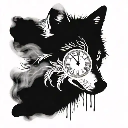 A wolf in front of a clock with Roman numerals and smoke coming out from the bottom tattoo design idea