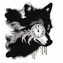 A wolf in front of a clock with Roman numerals and smoke coming out from the bottom tattoo design idea
