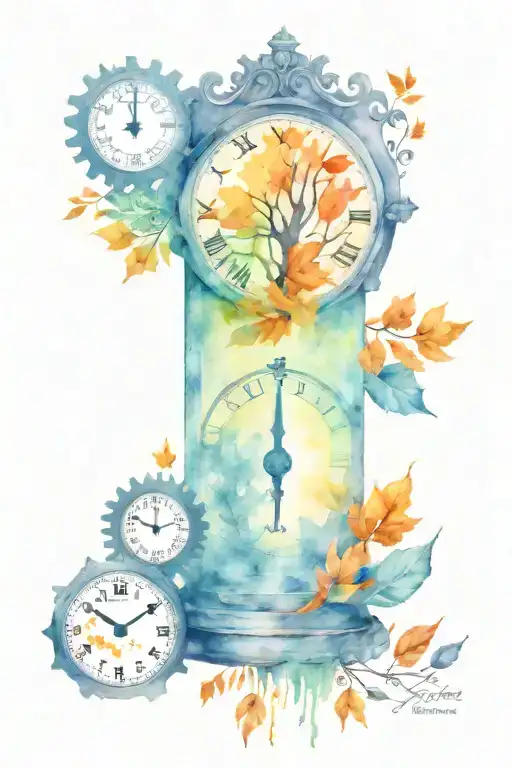 cogs, clock, willow tree, autumn leaves falling time 11:11 tattoo design idea