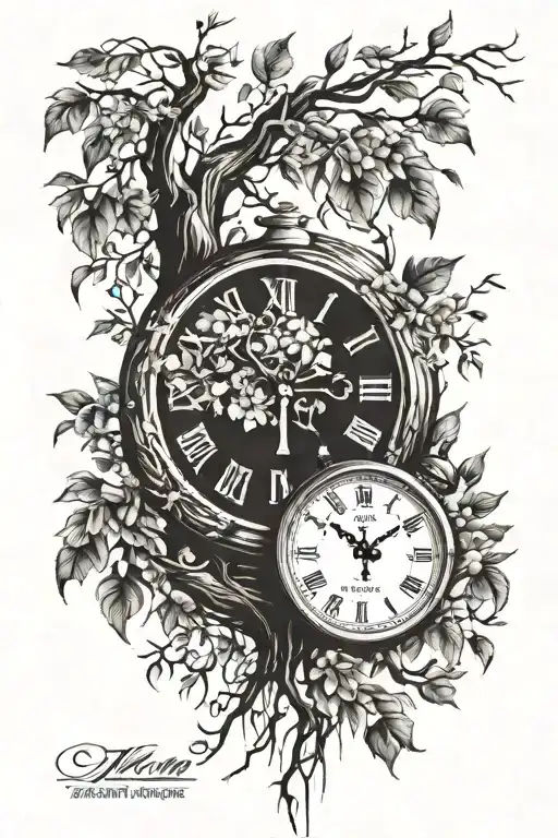 clock, willow tree, autumn leaves falling tattoo design idea