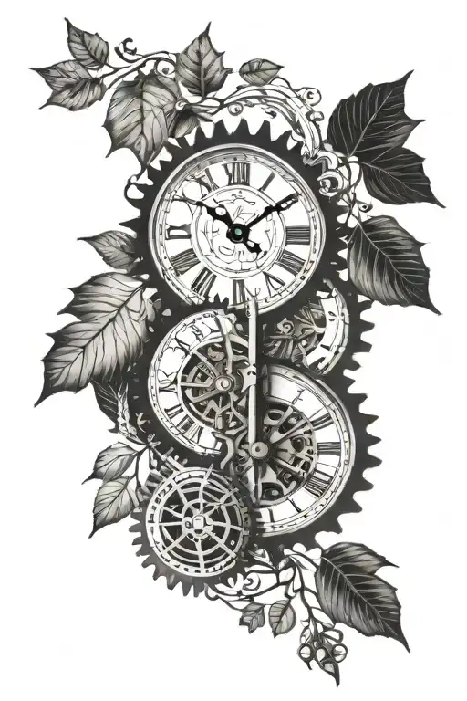 cogs, clock, willow tree, autumn leaves falling time 11:11 tattoo design idea