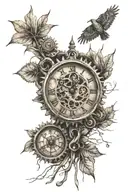 cogs, clock, willow tree, autumn leaves falling time 11:11 tattoo design idea