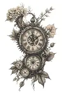cogs, clock, willow tree, autumn leaves falling time 11:11 tattoo design idea
